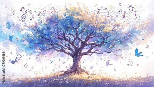 Colorful tree with musical notes in the style of watercolor on a white background