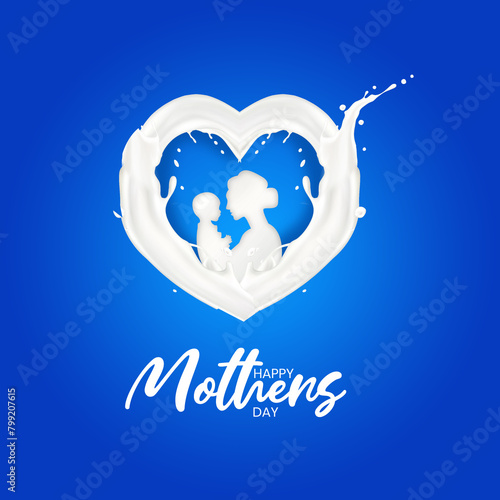 Mother's Day creative concept design idea for the milk industry and mother-child food advertising, Milk splash heart shaped love care, mom baby, Happy Mothers Day logo milky wave heart shape on a blue