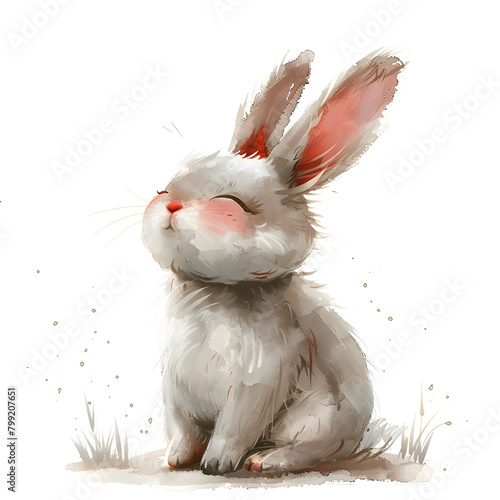 White rabbit with red ears resting in grass, eyes shut