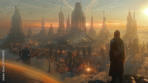 A breathtaking cityscape featuring futuristic skyscrapers and advanced modes of transportation like flying cars and high-speed trains photo