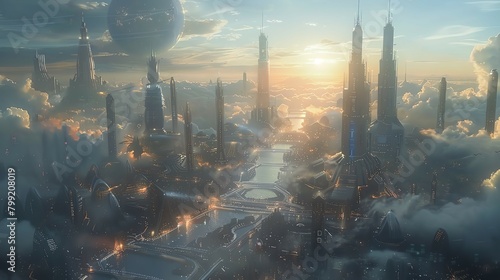 A breathtaking cityscape featuring futuristic skyscrapers and advanced modes of transportation like flying cars and high-speed trains photo