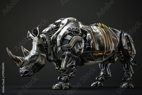 A rhino with metal parts and a robotic appearance. The rhino is standing on a black background