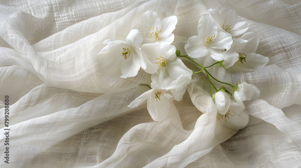 White apple blossoms on a delicate white fabric. Soft and natural springtime concept with copy space White apple blossoms on a delicate white fabric. Soft and natural springtime concept with copy space