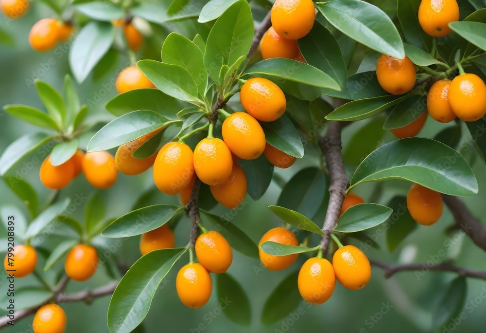 Orange kumquats growing on a tree with green leaves