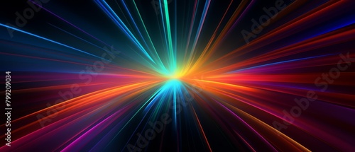 Abstract radial shockwave effect with multicolored lines on a dark backdrop, great for music or event posters,