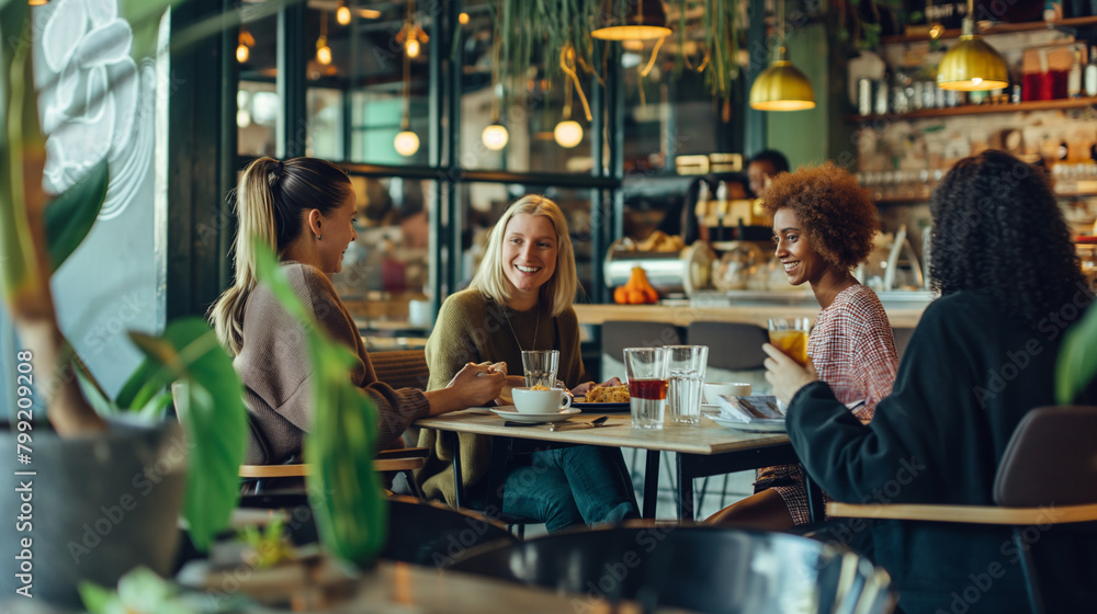 Employees enjoying a casual brunch together at a trendy restaurant. Happiness, love, trust, relaxation