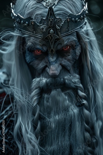 A digital oil painting of old elf king with red evil eyes and white hair in a dark place, cinematic portrait. very scary and bloody.