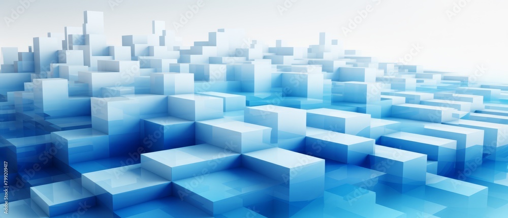 3D cubes arranged in a wave pattern, blue and white, representing digital fluidity and technology flow concepts, 3D cubes arranged in a wave pattern, blue and white, representing digital fluidity and technology flow concepts,