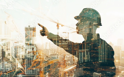 Architectural Vision: Engineer's Double Exposure Points to Construction Site Amid Urban Landscape