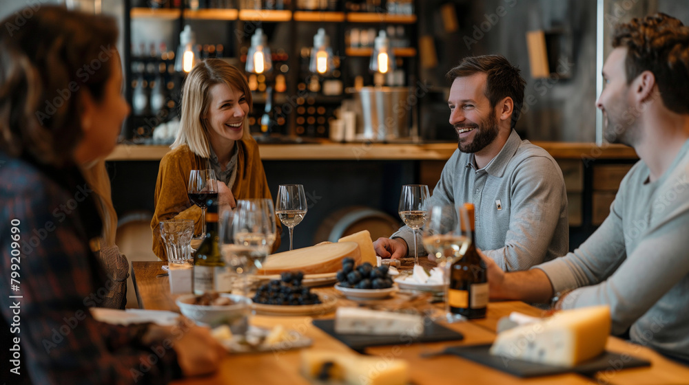 A group of coworkers enjoying a wine and cheese pairing event. Happiness, love, trust, relaxation