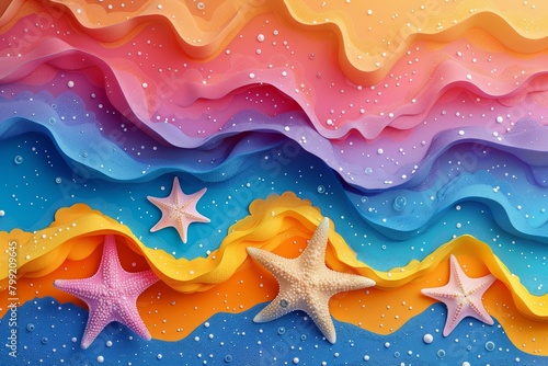 Summer banner: July or august abstract bech banner with star fish in orange, pink, purple and blue tones photo