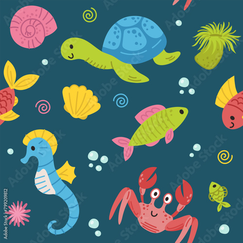 Continuous pattern of sea life. Sea creatures. Jellyfish, fish, seahorse, crab, shells. Vector doodle cartoon illustration of sea life objects for textile