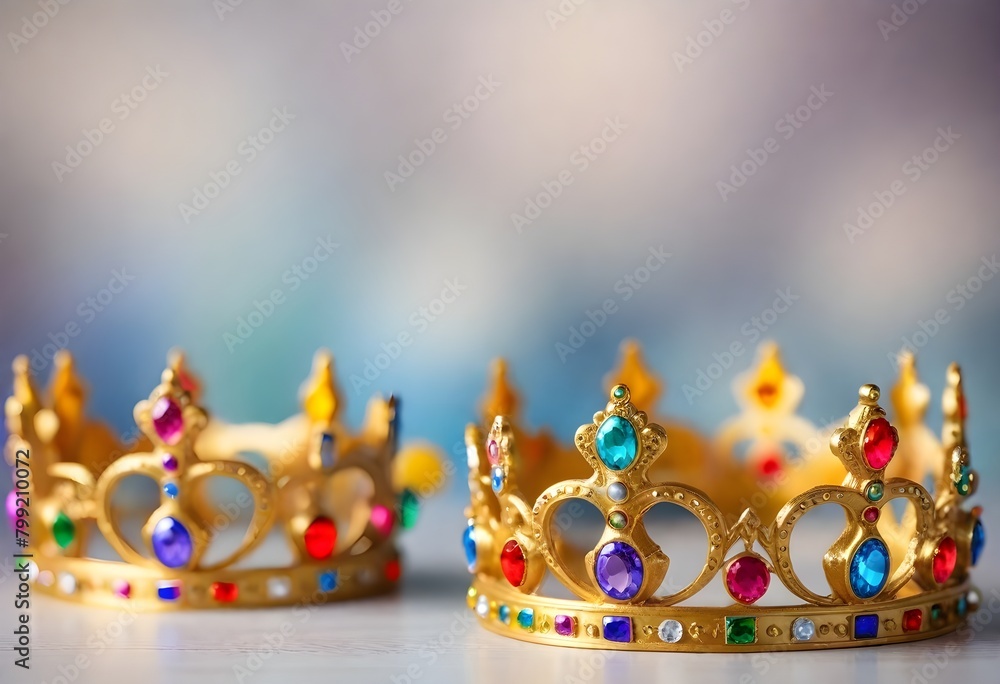 A golden crown with colorful jewels on a blurred background