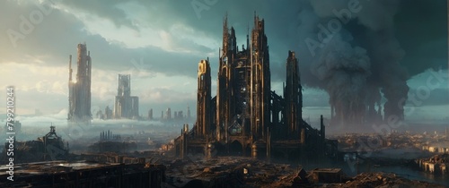 Gothic cathedral towers over a ruined city with smoke rising in the background photo