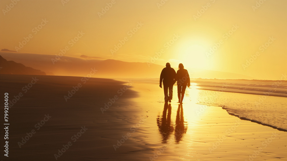 elderly couple walking hand in hand on a beach at sunset, peaceful, emotional, realistic