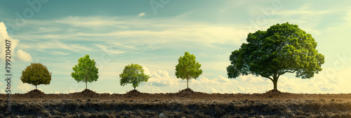 Depicting the five stages of tree growth on a barren landscape, this image represents hope and natural progression