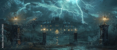 The dark clouds are rolling in. The lightning is flashing. The thunder is roaring. The castle is looming in the distance. It's a perfect setting for a horror movie. photo