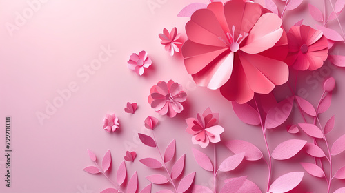 Pink Background With Paper Flowers and Leaves