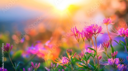 Vibrant sunset behind purple blooms