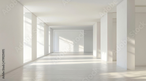 Empty hallway with a minimalist and airy interior illuminated by natural sunlight