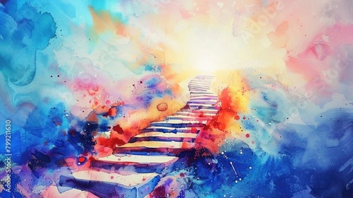 stairway to heaven in glory, gates of Paradise, meeting God, symbol of Christianity, art illustration painted with water colors Ascension Day photo