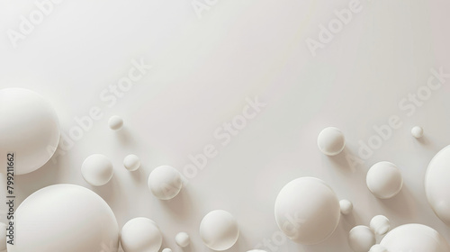 Elegant 3d illustration of white spheres of various sizes on a soft, pastel background