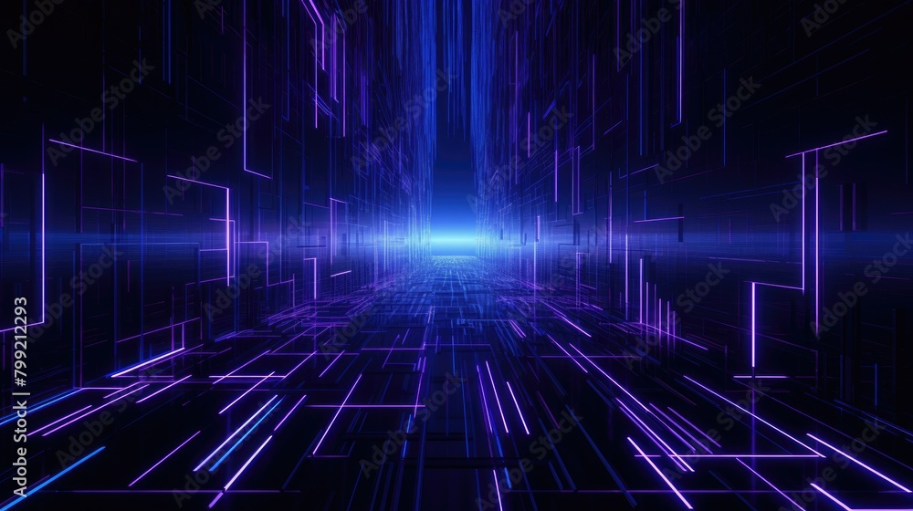 Futuristic grid of neon lines against a dark backdrop, pulsating with electric blue and vibrant purple