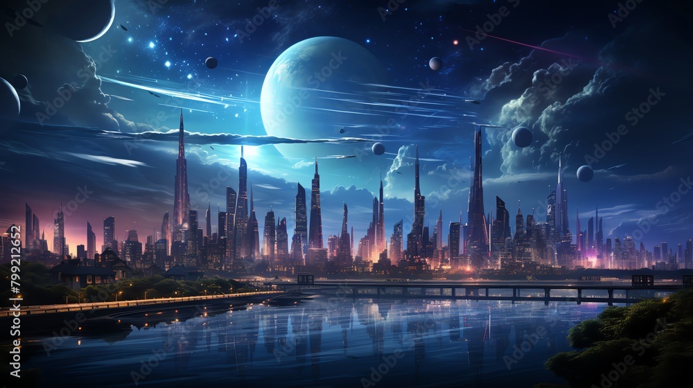 A beautiful painting of a futuristic city at night