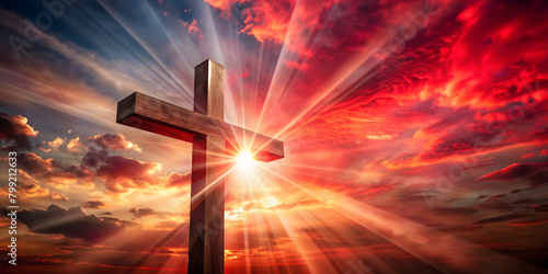 Wall Mural cross on calvary on a background of red light rays, Easter religious background