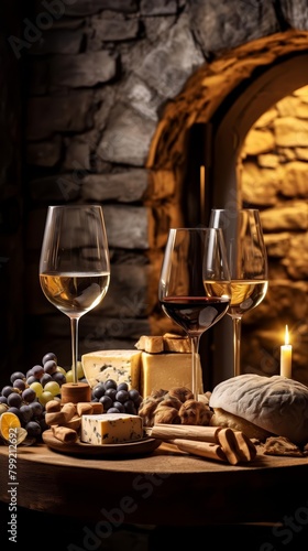 A beautiful still life of wine, cheese, and fruit.