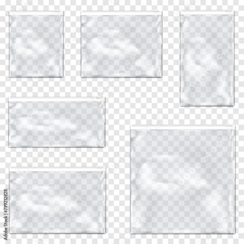 Clear plastic envelope bag with white zip lock. Vector mock-up set. Transparent zipper PVC vinyl pouch package. Various sizes mockup kit. Template for design