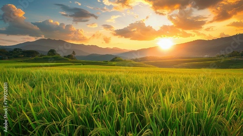 Beautiful rice field on sunset scene at north Thailand photo