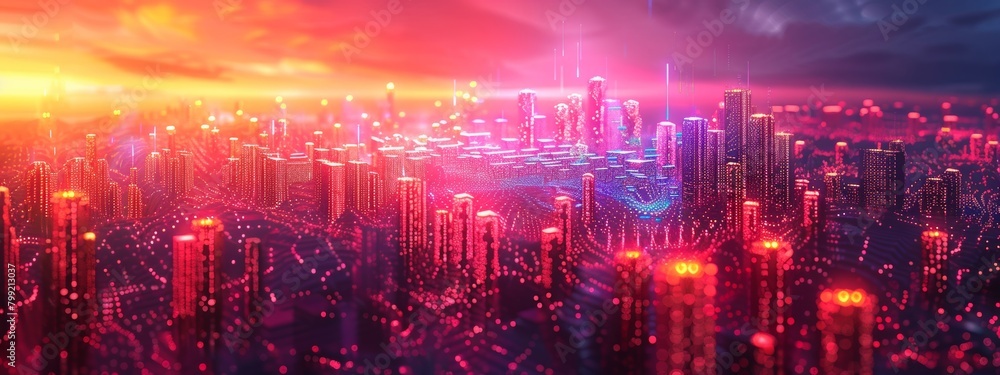 Fototapeta premium Generative AI Technology in 3D Cityscape with Data Flowing Between Devices - Digital Mesh Wireframe Concept