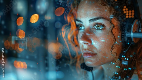 Close-up of a beautiful young woman wearing a headset with a serious expression on her face while working at a computer terminal.