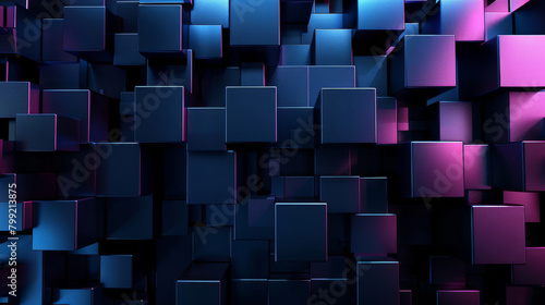3d render of a dynamic array of metallic blue and purple cubes creating a modern abstract background