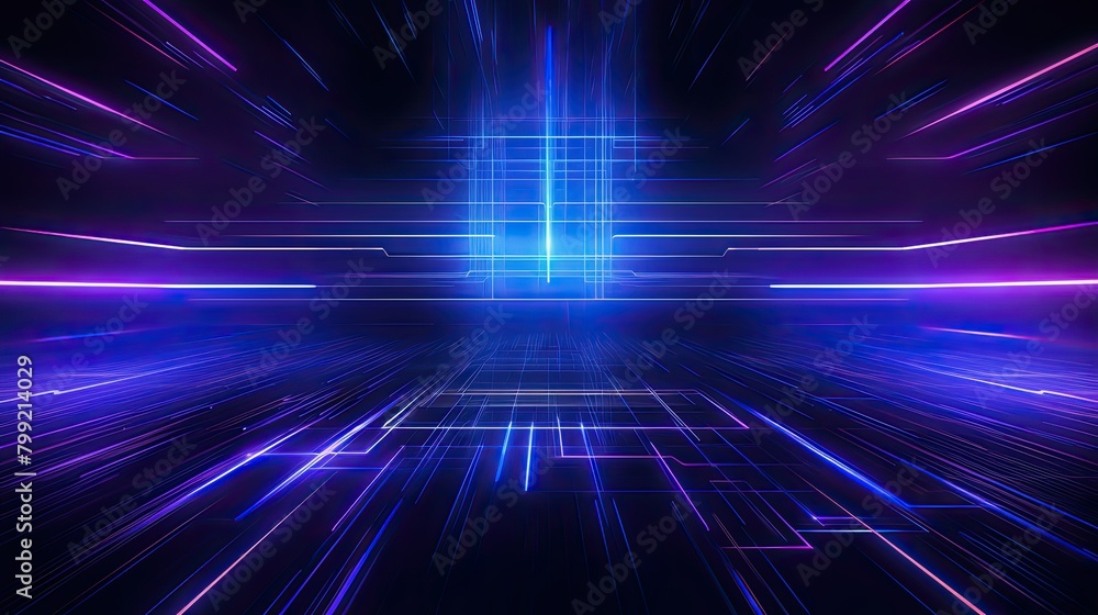 Futuristic grid of neon lines against a dark backdrop, pulsating with electric blue and vibrant purple Futuristic grid of neon lines against a dark backdrop, pulsating with electric blue and vibrant purple