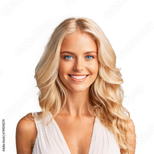 Radiant Smile A stunning blonde woman with vibrant blue eyes and a radiant smile wearing