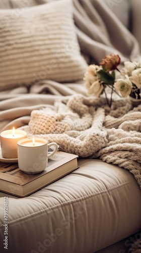 A cozy living room with a soft blanket
