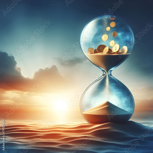 Running hourglass - The concept of time - Time is money. Don't waste precious time - time is running out. Against the background of a sun-drenched sunset, symbolising the transience of life.