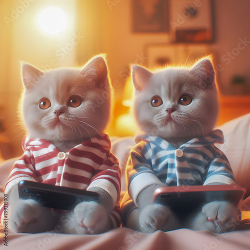 Two cute fluffy kittens sit in their pyjamas with their mobile phones before bed, their fur well highlighted against a burning nightlight.