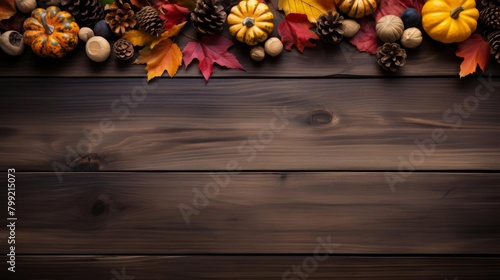 A rustic wooden table covered with a variety of fall leaves, pumpkins, pine cones, and nuts