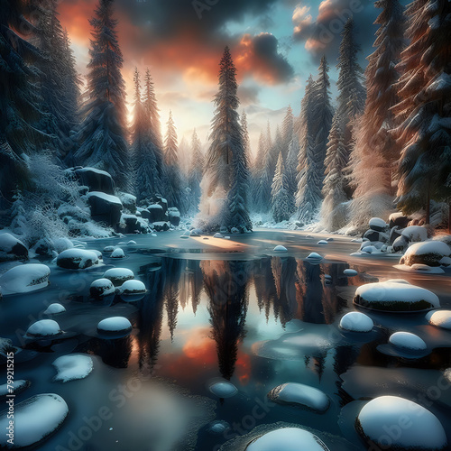 Winter background .Water body in winter surrounded by trees and rocks under snow and ice. Christmas Background. Christmas card