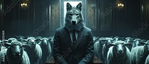 A wolf wearing a suit stands in a dark room full of sheep. The wolf is staring at the camera. photo
