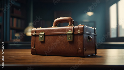 Black leather briefcase on the wooden table. 3D rendering  © MUHAMMAD