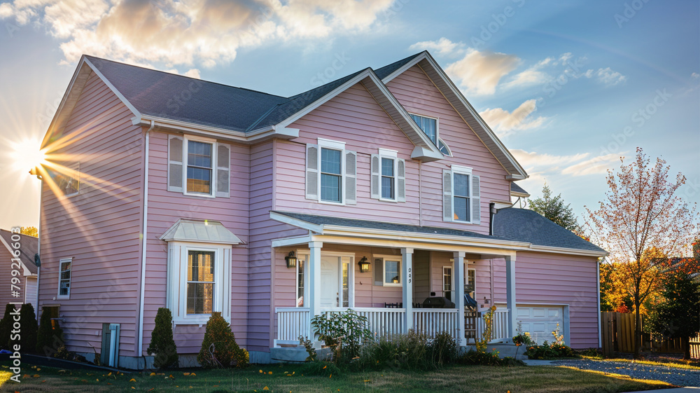 A dreamy mauve-colored house with siding and shutters exudes a romantic charm against the backdrop of the suburban scenery, bathed in the golden light of the sun.
