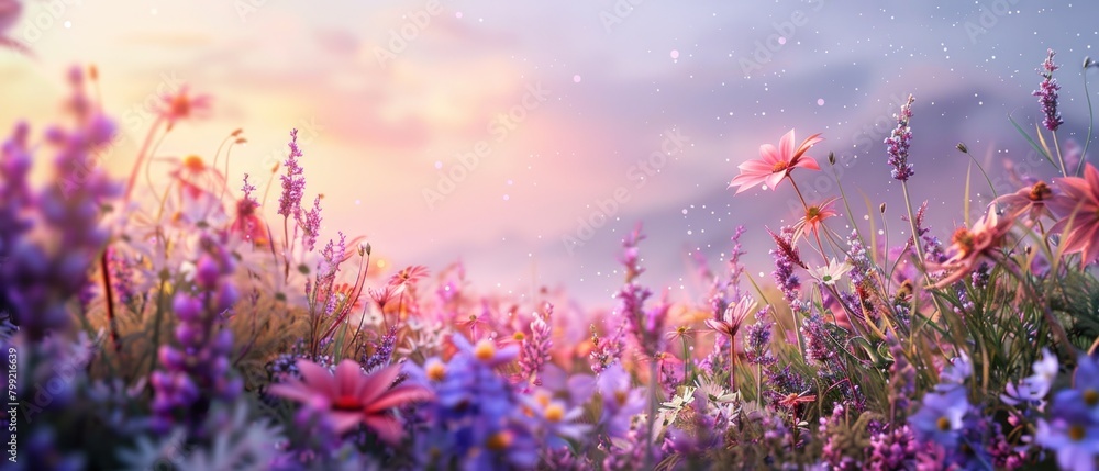 A field of flowers with a purple sky in the background. The flowers are ...
