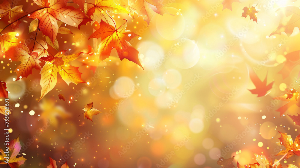 Autumnal background with golden leaves and sparkling bokeh, perfect for seasonal designs Autumnal background with golden leaves and sparkling bokeh, perfect for seasonal designs