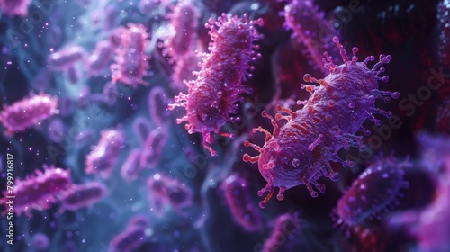 Close-up of Microscopic Bacteria and Viruses Under the Microscope. Scientific Exploration and Research in Biology.   © Da