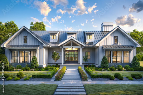 A front view of a sleek silver craftsman cottage style home, with a triple pitched roof, showcasing tasteful greenery and a straightforward, elegant entrance, epitomizing modern simplicity. photo