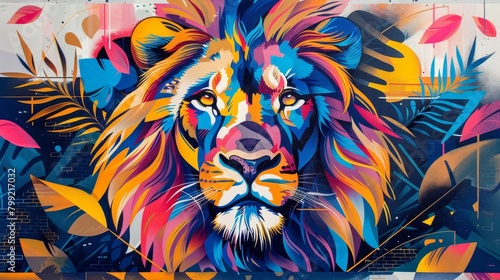 Fototapeta Naklejka Na Ścianę i Meble -  A graffiti of a lion's face with a colorful mane made of leaves and flowers.
